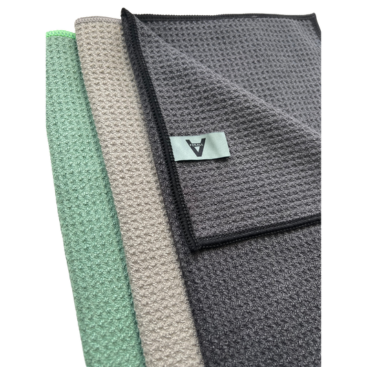 Set of 3 For All waffle weave cloths in different colours, designed to trap dirt and leave streak-free finishes when cleaning all surfaces