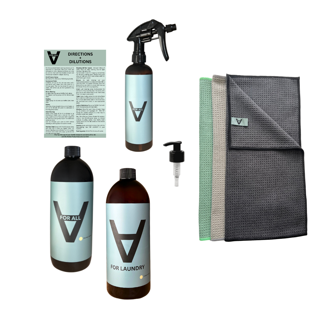 Ultimate Starter Kit from For All, featuring For All and For Laundry concentrated cleaning products, spray bottle, pump, and reusable waffle cloths